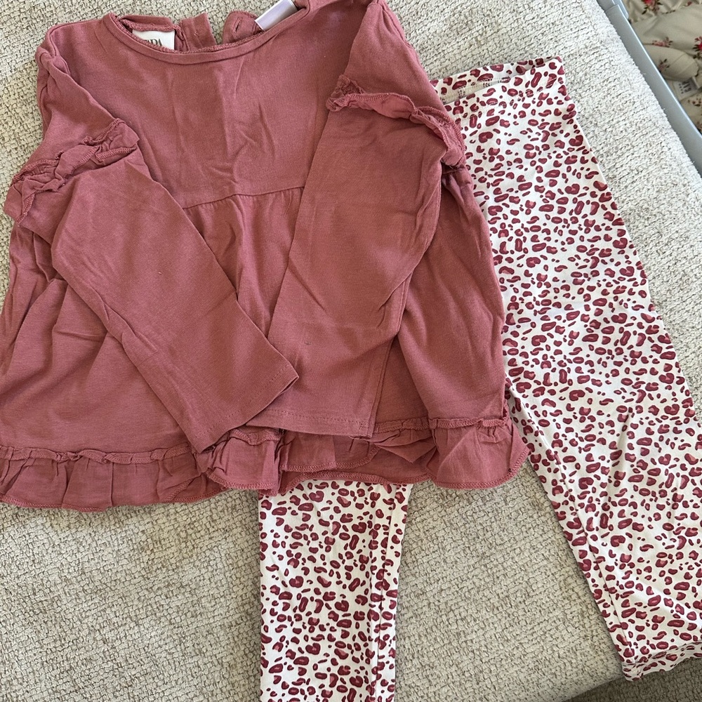 Zara Leopard Leggings and Ruffle Long Sleeve Top